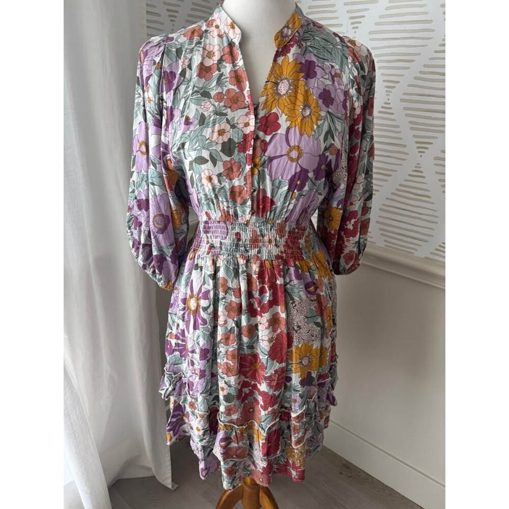 Polagram Women’s Small Floral Smocked Waist Ruffle Dress